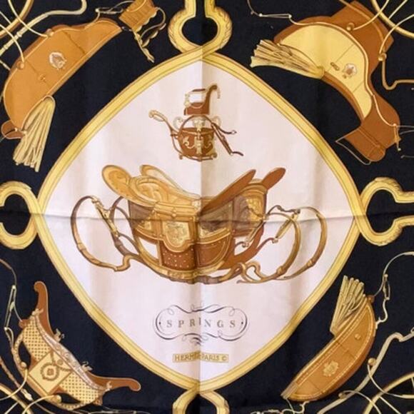 Hermes Vintage Vintage Silk Scarf 'Springs' 100% Silk 90cm Square Black Gold - Picture 5 of 16